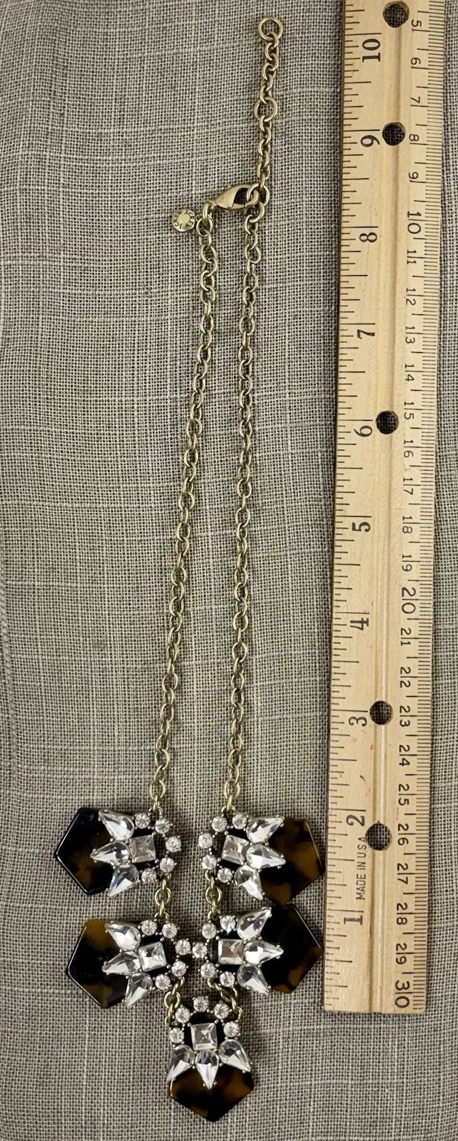 J.Crew Faux Tortoise Shell Brown Acrylic Gold Tone Rhinestone 18″-20″ Necklace
