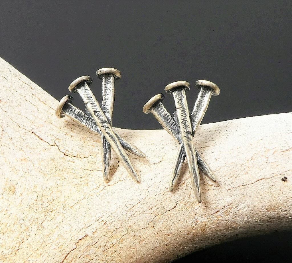 Antiqued Solid 925 Sterling Silver Triple Nails Post Stud Earrings Unique Gothic