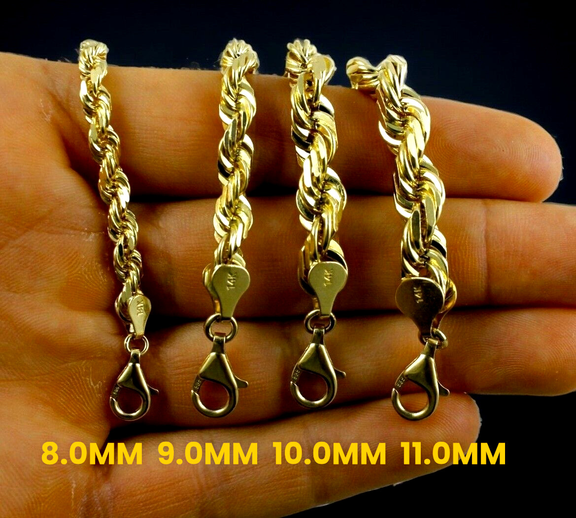 14K Yellow Gold Solid Rope Chain Necklace Diamond Cut Real Gold 1mm-12mm 16″-30″