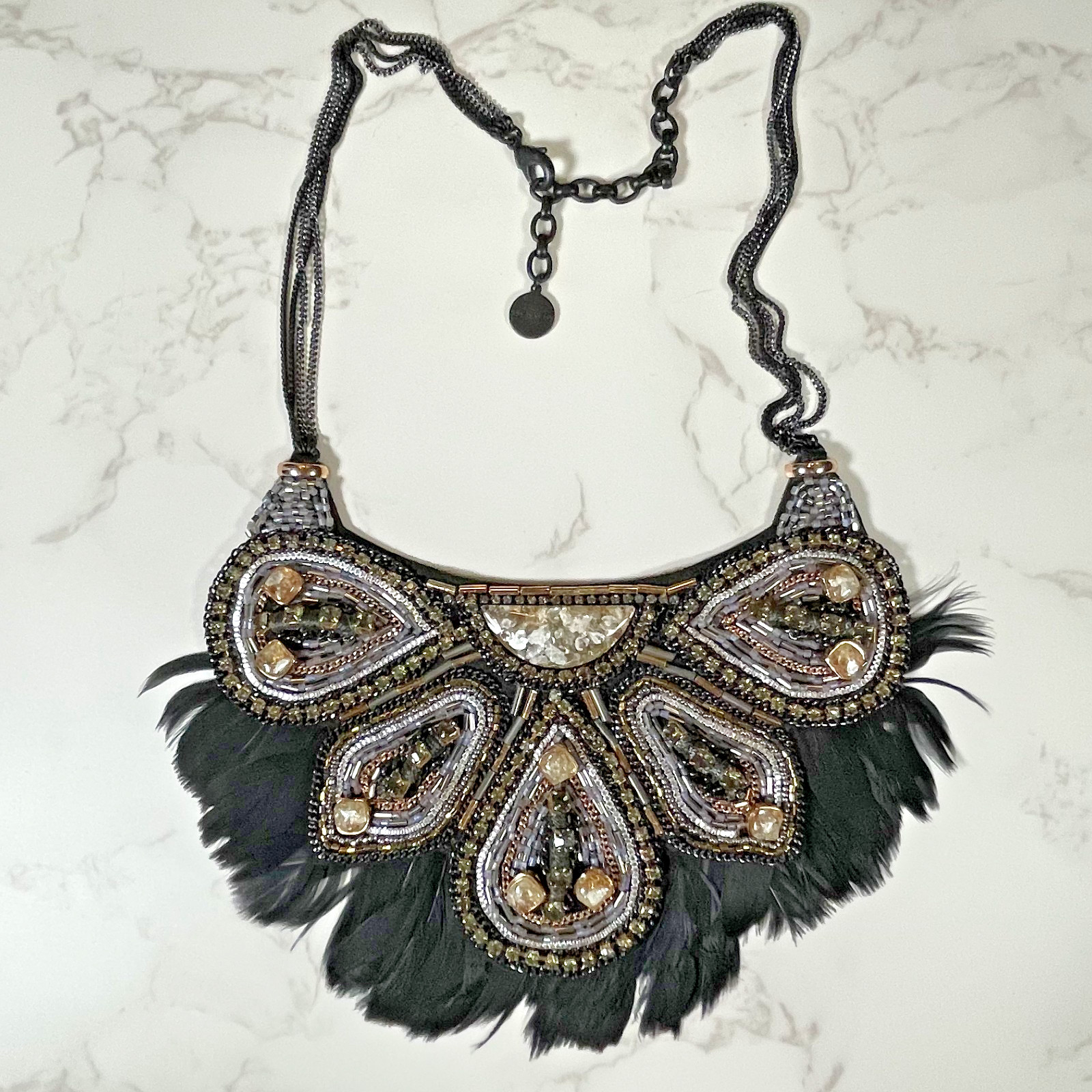 Stella & Dot Constantine Feather Bib Necklace Black Rose Gold Crystal Statement