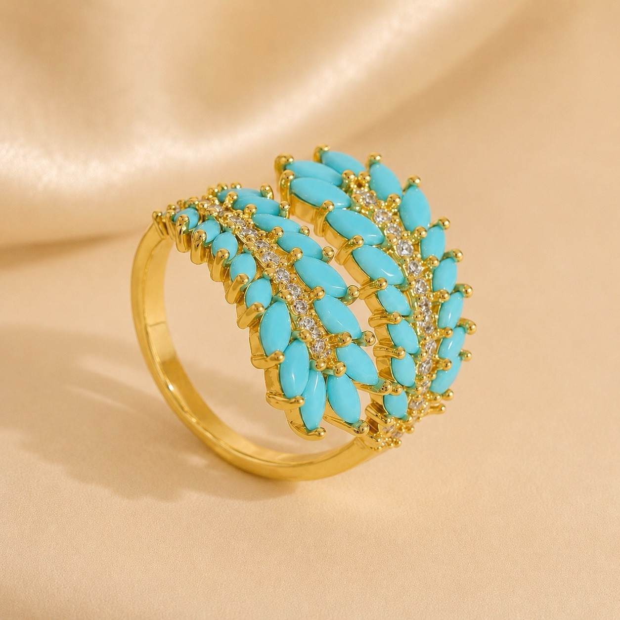 Gold Tone Turquoise CZ Wrap Statement Ring Adjustable Size 7+