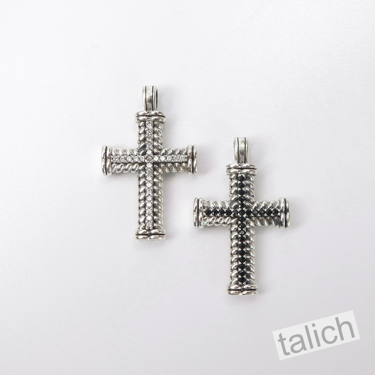 925 Sterling Silver Twist Rope Small Cross Pendant with Clear or Black CZ Pave