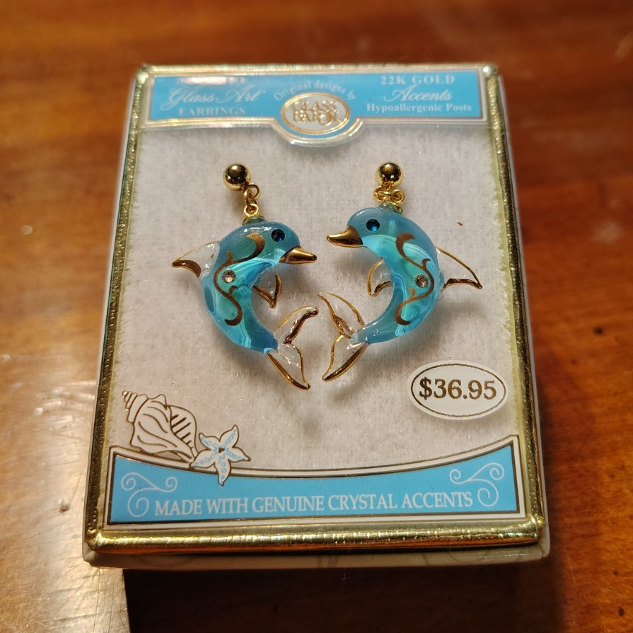 Glass Baron Dolphin Crystal Earrings 22k Gold Blue Hypoallergenic