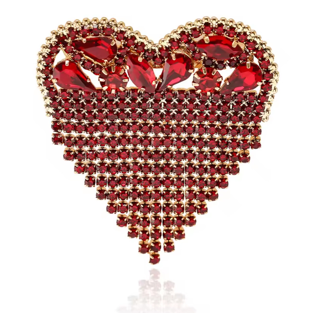 Mother’s Day Sparkling Crystal Red Heart Brooch Love Tassel Pin Jewelry Gift