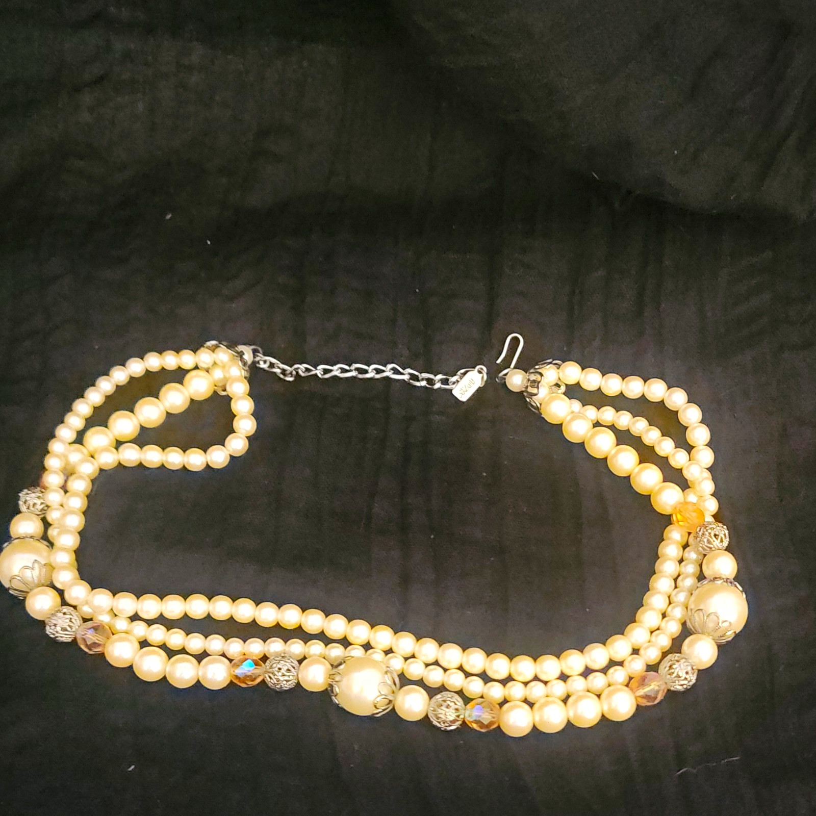 1928 Multi-Strand Ivory Simulated Pearl Beaded Necklace Crystal Silver Hook 18in