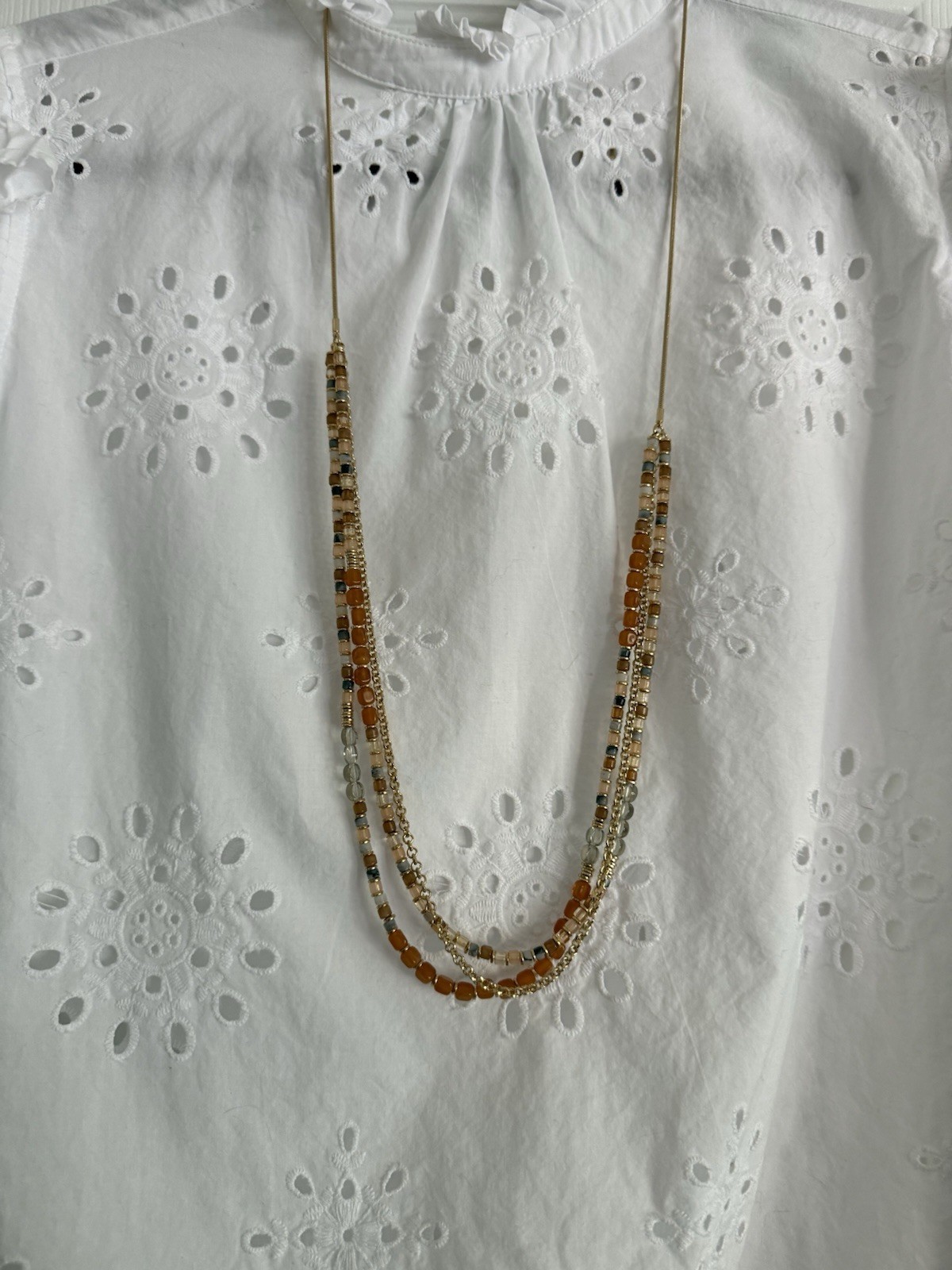 J.Jill Multi Strand Beaded Necklace Orange Tan Blue Gold Tone Boho
