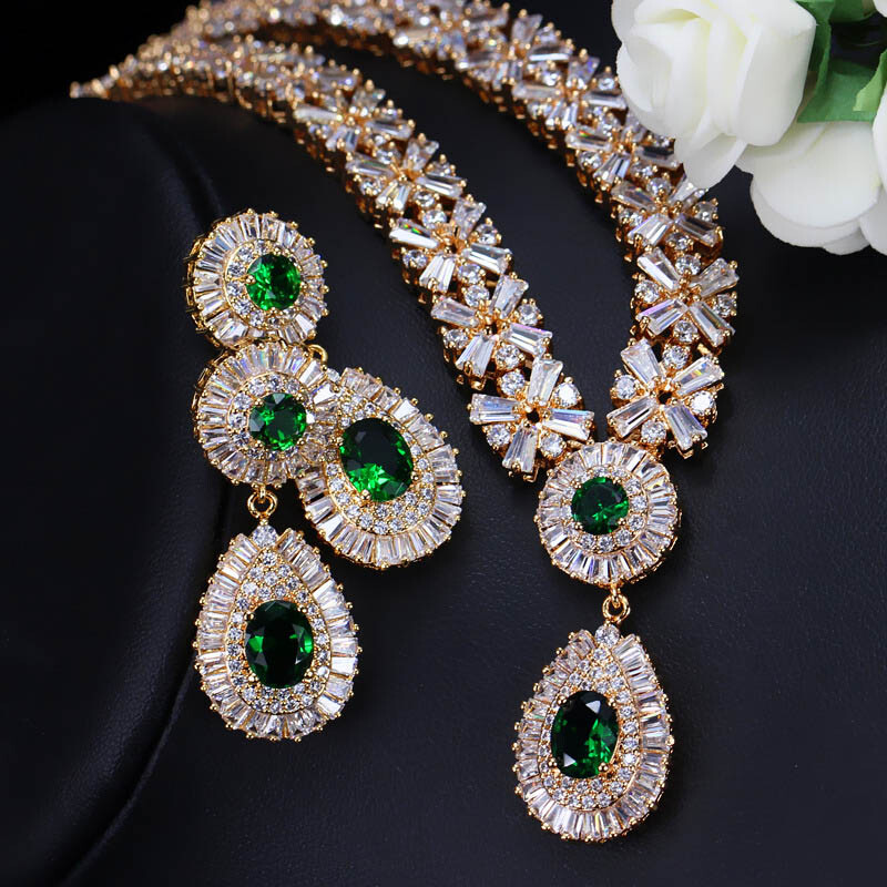 Luxury Bridal Green CZ Crystal Wedding Gold Plated Necklace Earrings Jewelry Set