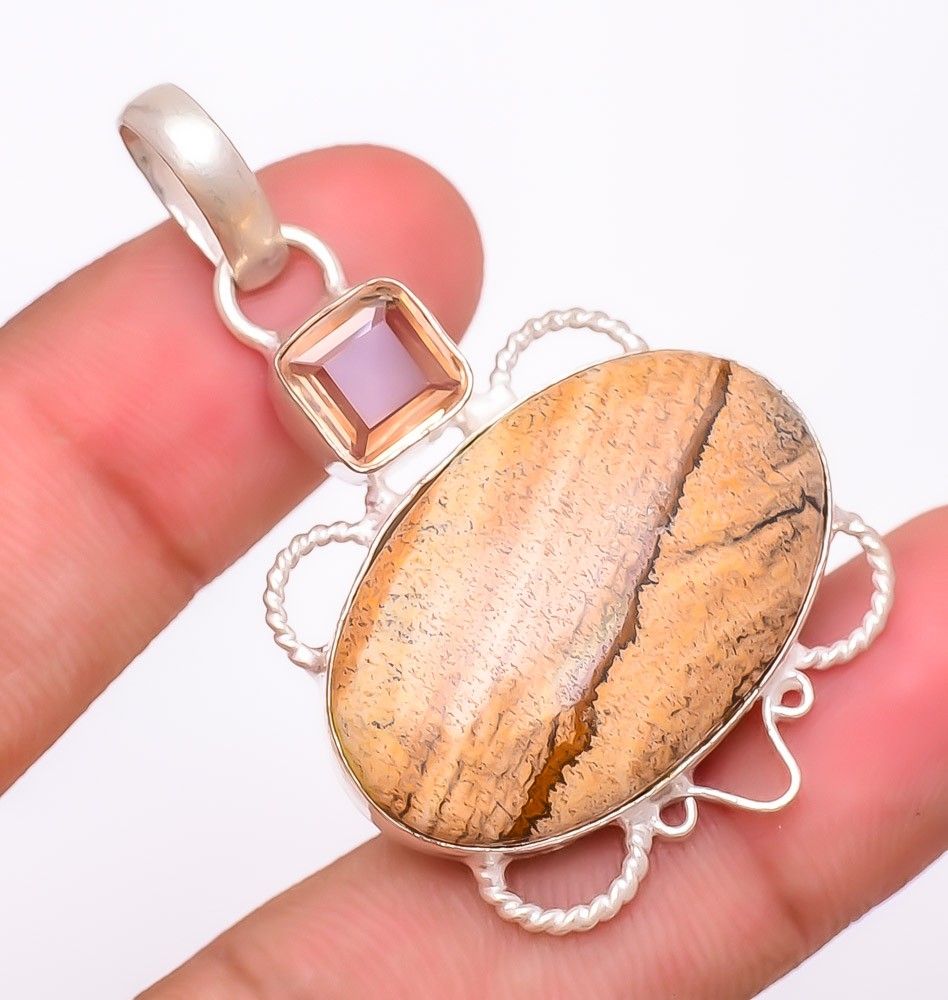 Natural Picture Jasper, Morganite Gemstone 925 Silver Plated Pendant 2.0″ F263