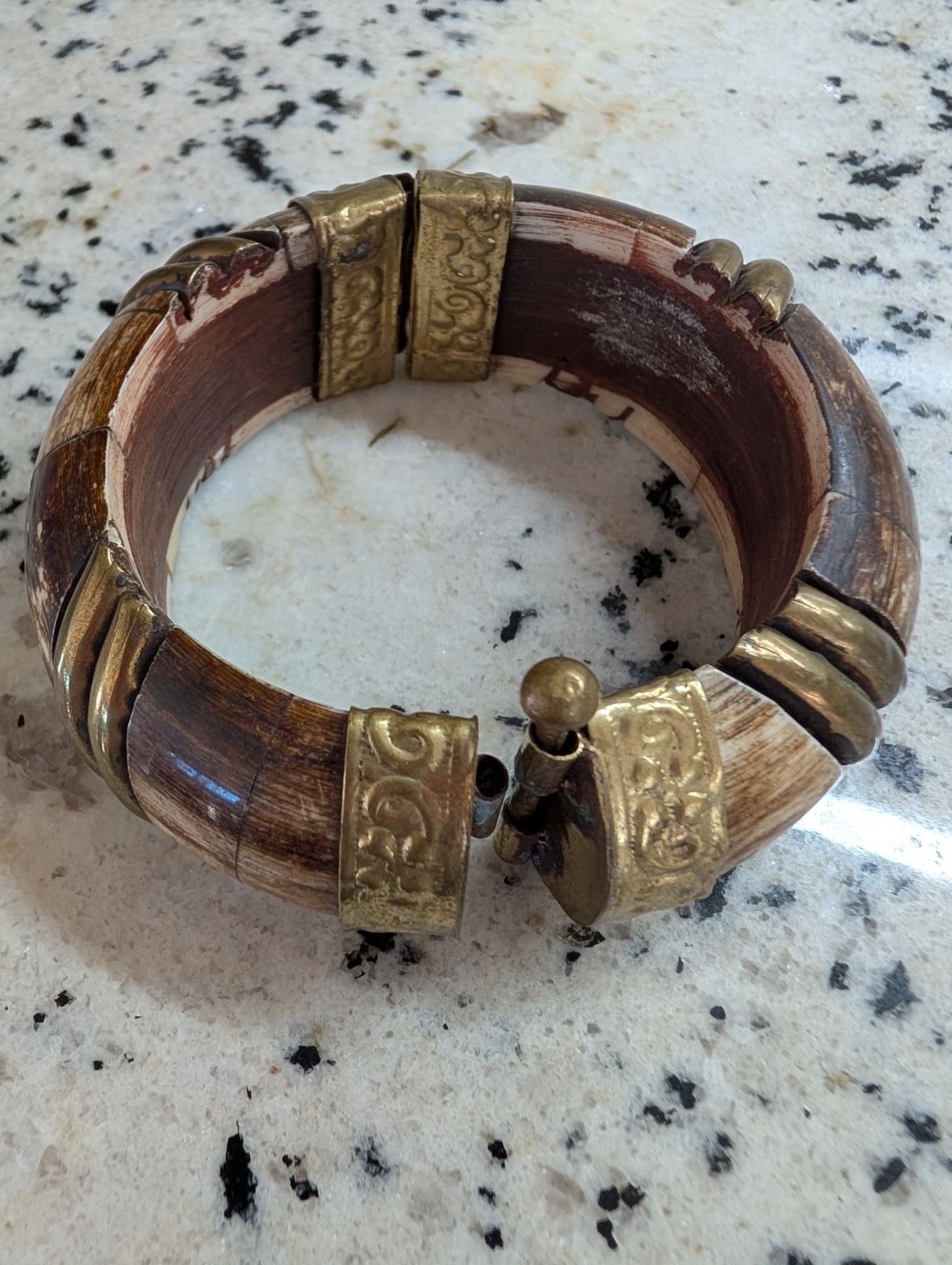 Vintage Bohemian hinged bangle bracelet bovine bone brass accents made in India