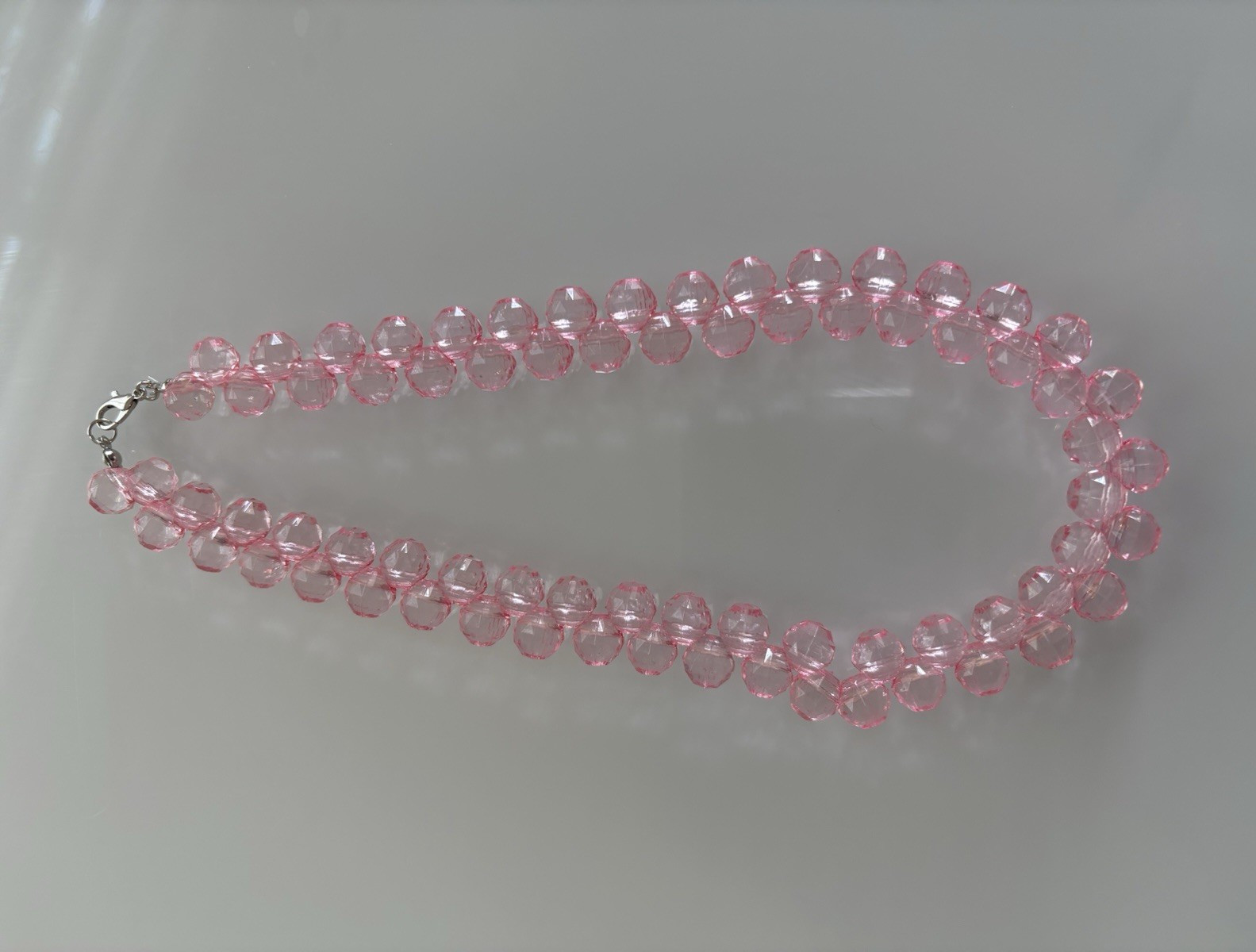 Handmade Pink Faceted Crystal Plastic Bead Necklace – 16 Inch Lobster Clasp