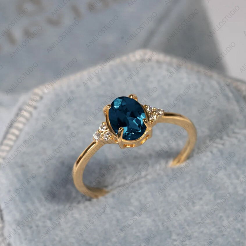 Natural London Blue Topaz Dainty Ring Ring Size 7 14k Yellow Gold For Girls