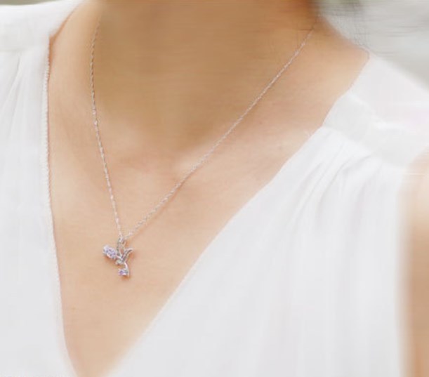 Sterling Silver Purple Rose Amethyst Flower Pendant Chain Necklace Love Gift L22