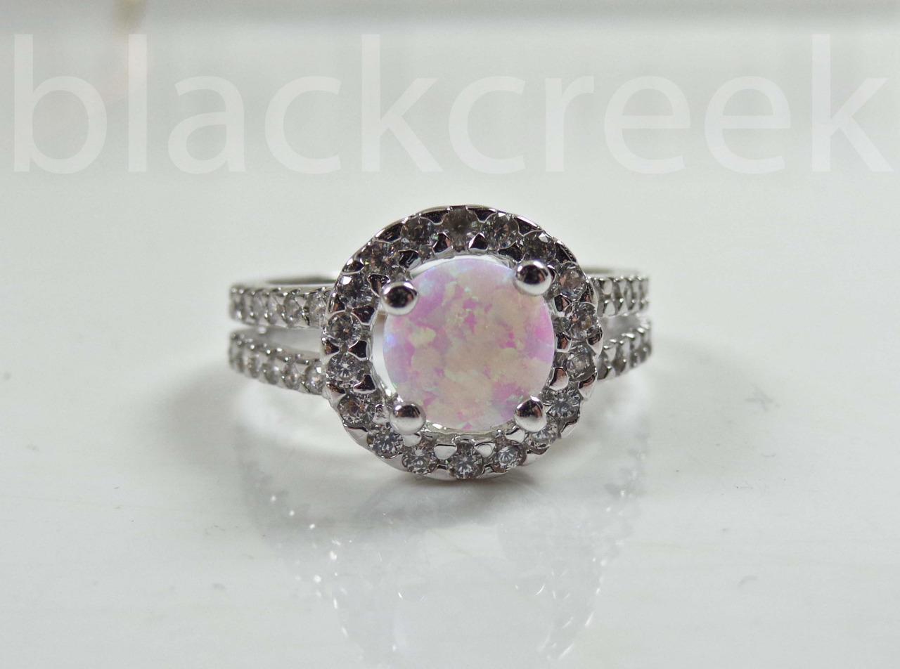 925 Sterling Silver Round White Fire Opal Micro Pave Ring size 4/5/6/7/8/9/10