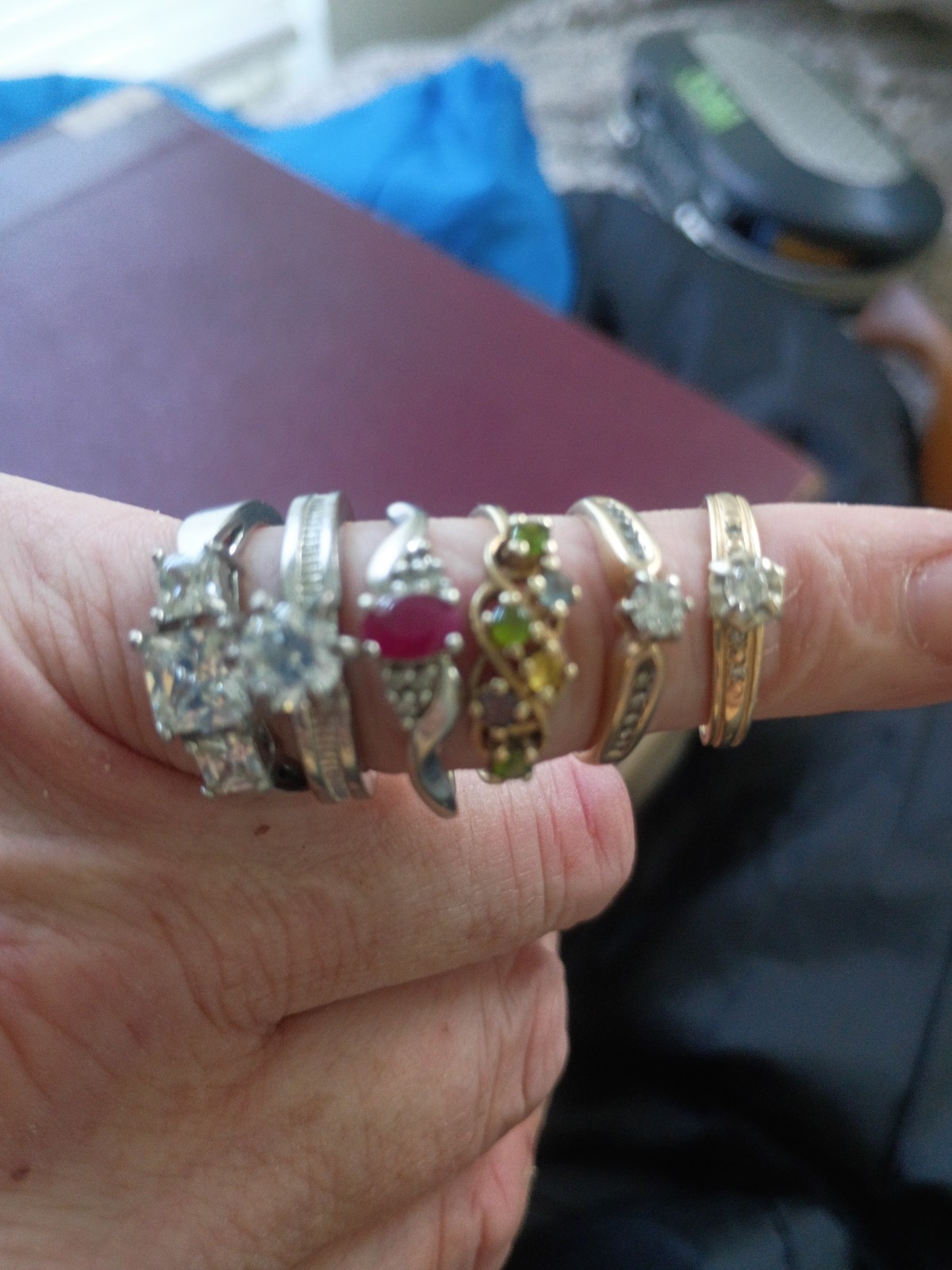 Lot of 5 Assorted Band Rings Size 7 Silver/Gold Tone Clear Stones Prong Set