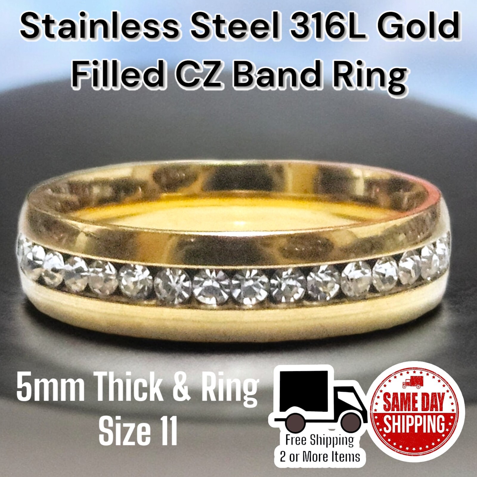 Stainless Steel Gold Filled 5mm CZ Eternity Band Ring SZ 11