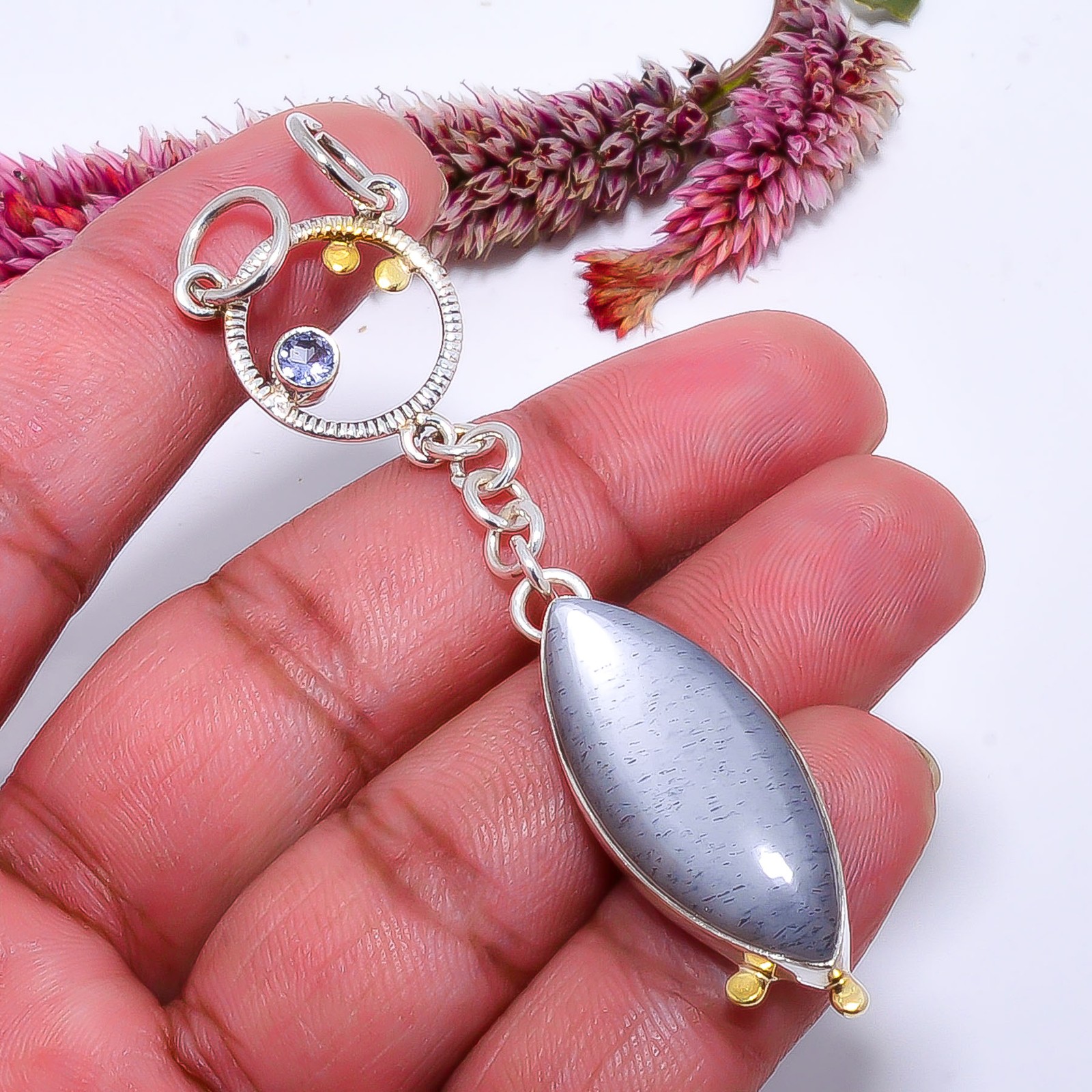 Gray Moonstone – Sri Lanka 925 Sterling Silver Two Tone Pendant 2.93″ P103711147