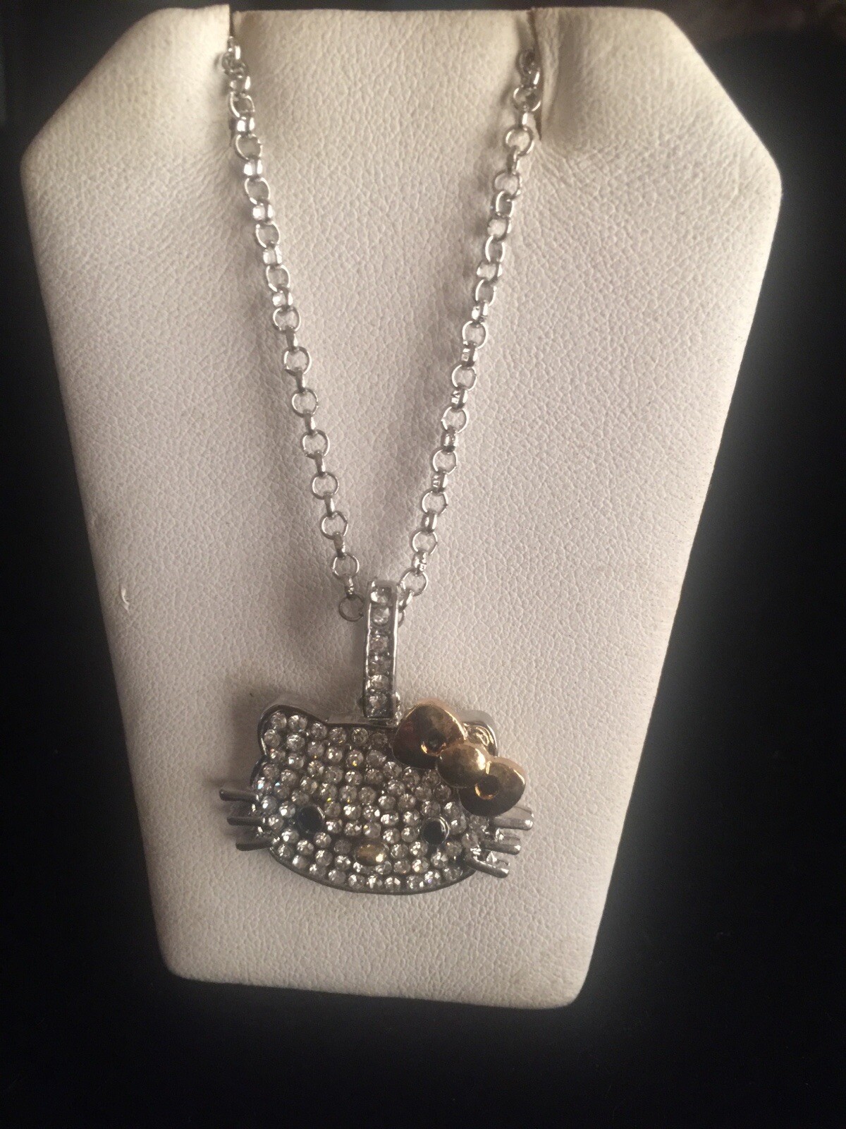 Hello Kitty Pendant Necklace Silver Chain Rhinestone Gold Bow None Tarnishing