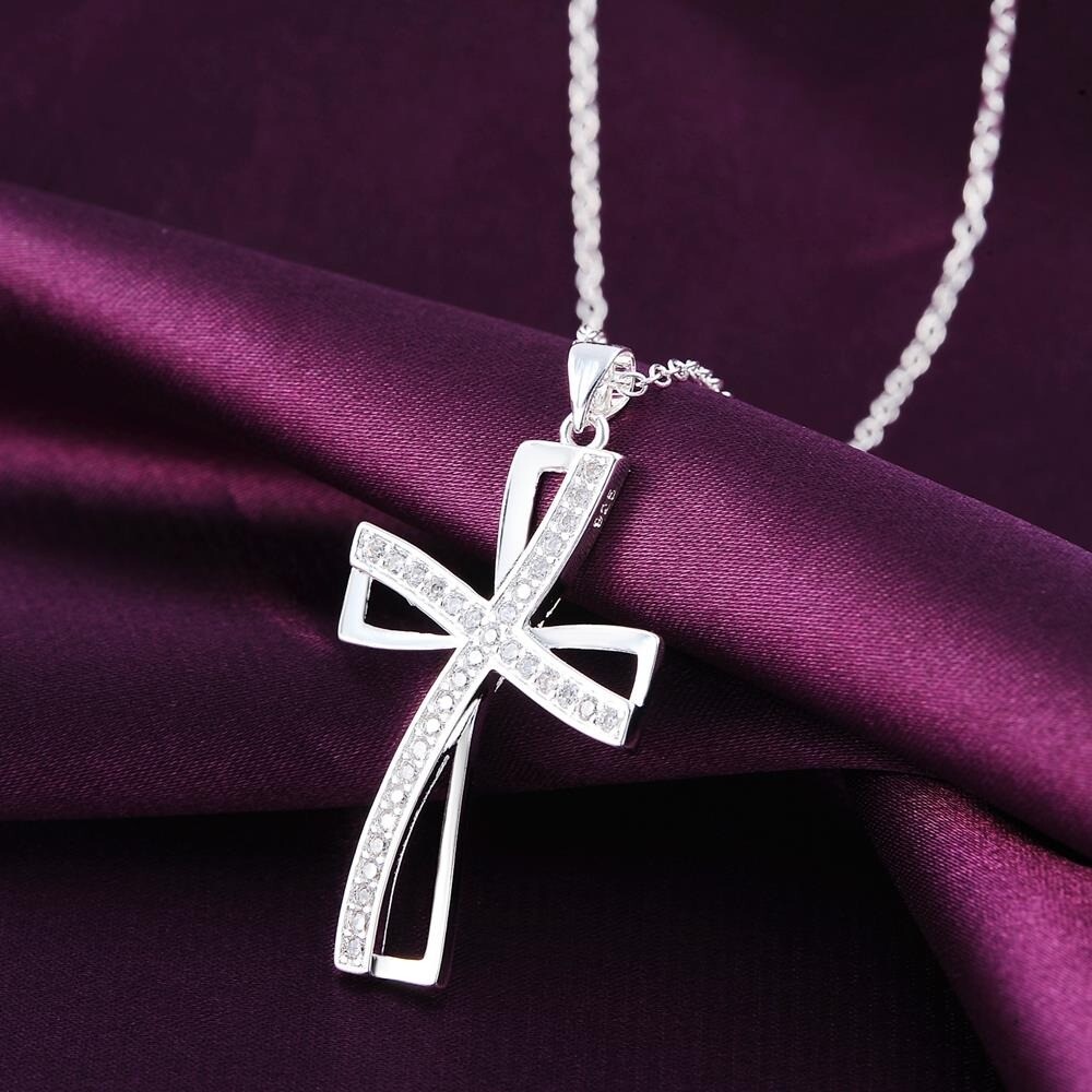 Ladies Necklace Silver Tone Chain With Double offset Cubic Zerconia Cross