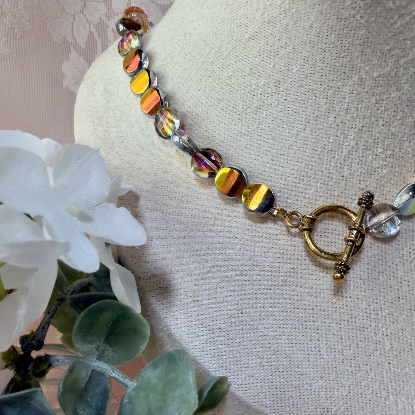 Multicolor Iridescent Round Beaded Statement Necklace Toggle Y2K Glam Gold Toned