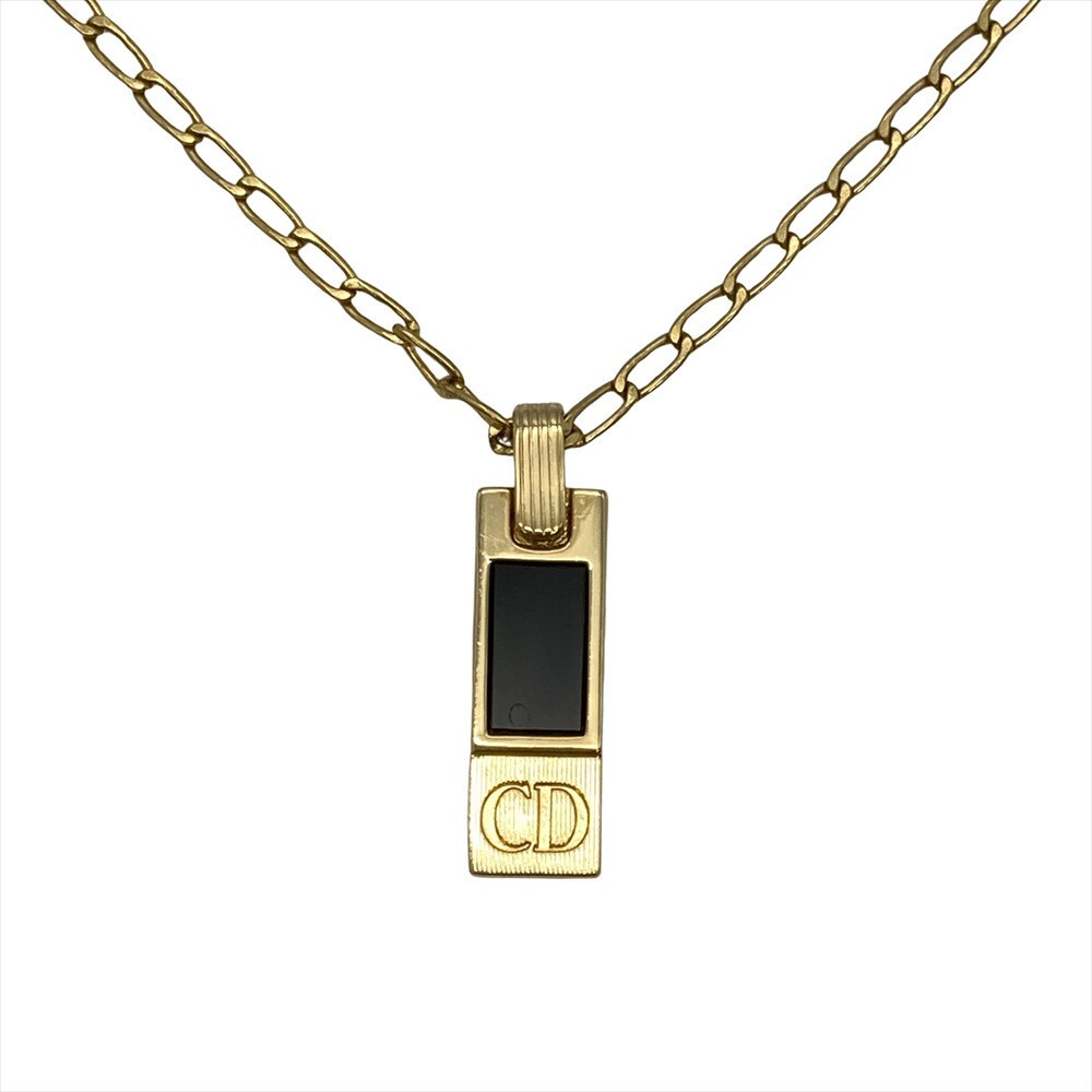 Christian Dior Gold Bar Top Necklace CD Logo Pendant 17.7in Authentic Vintage