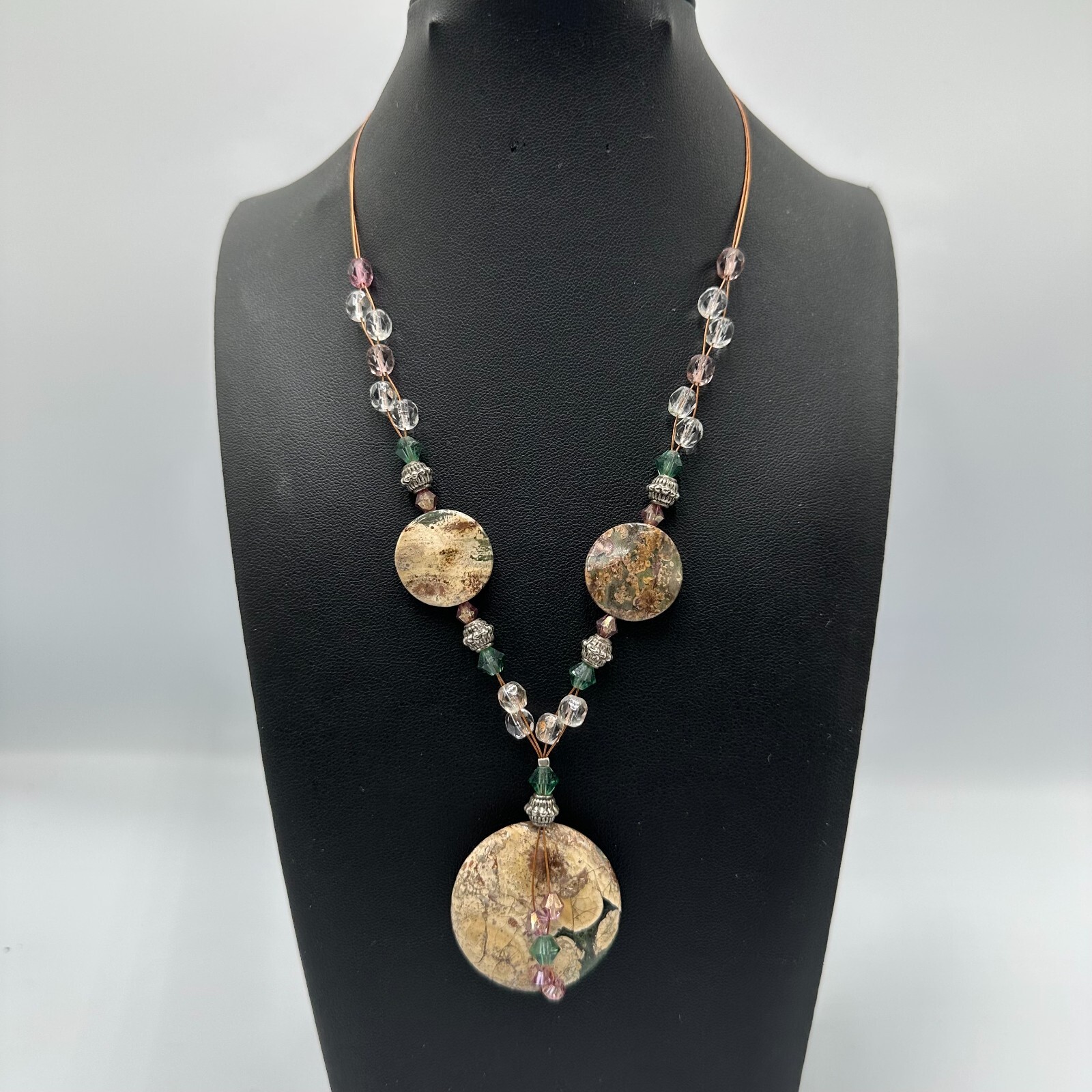 Jasper Pendant Necklace Beaded Wire Chain Round Natural Stone Bohemian 18″