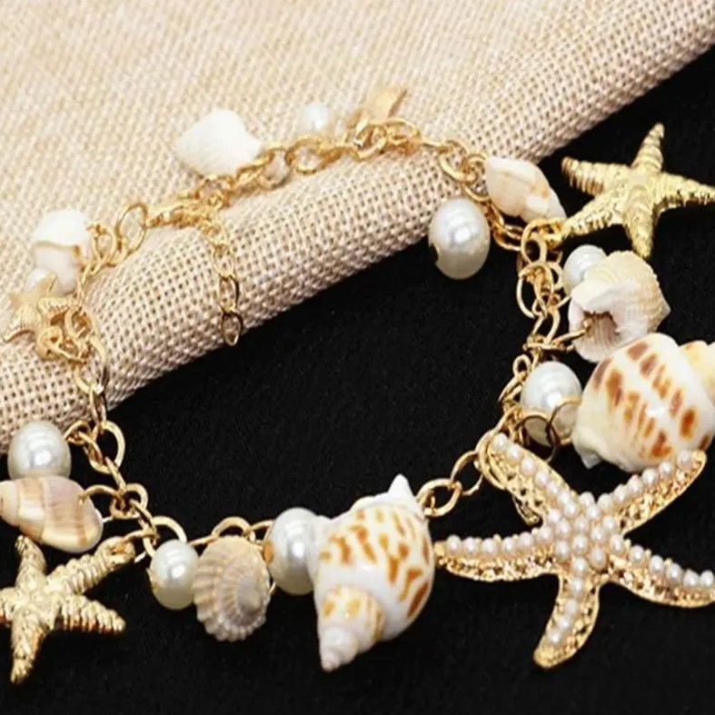1pcs Gold Starfish & Conch Charm Bracelet – Pearl Accent Y2K Summer Jewelry