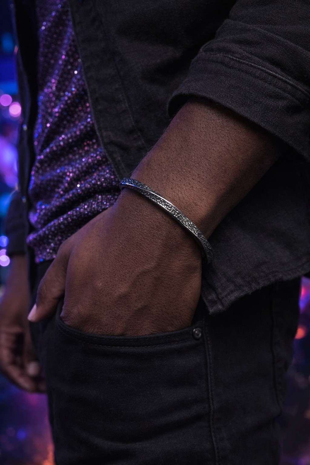 Men’s Open Cuff Bracelet Adjustable Silver Tone Textured Minimalist Bangle