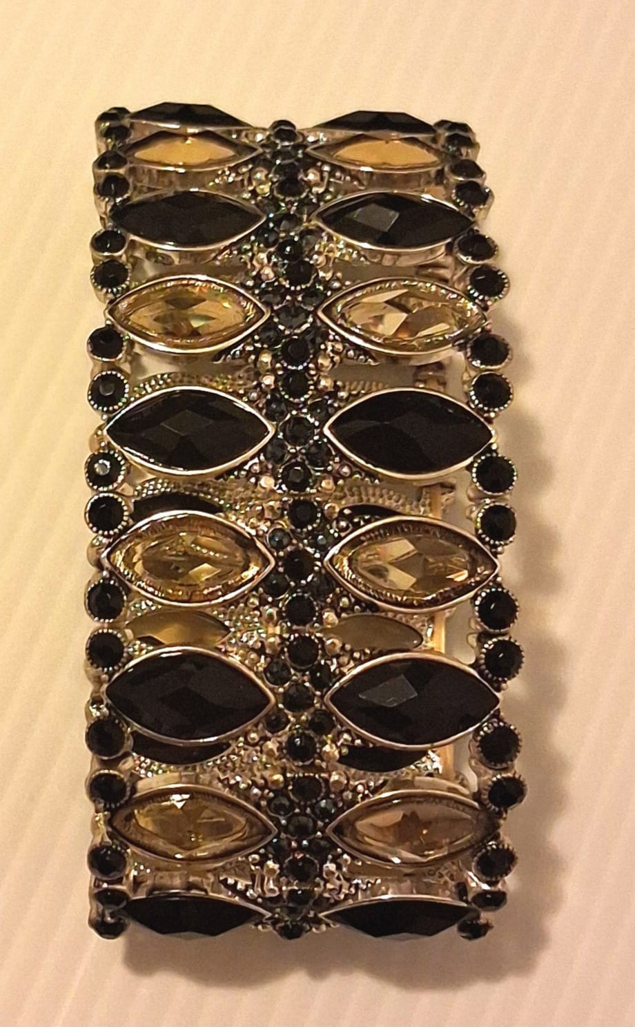 Silver Tone Stretch Bracelet Black Crystal Amber Statement Wide Cuff
