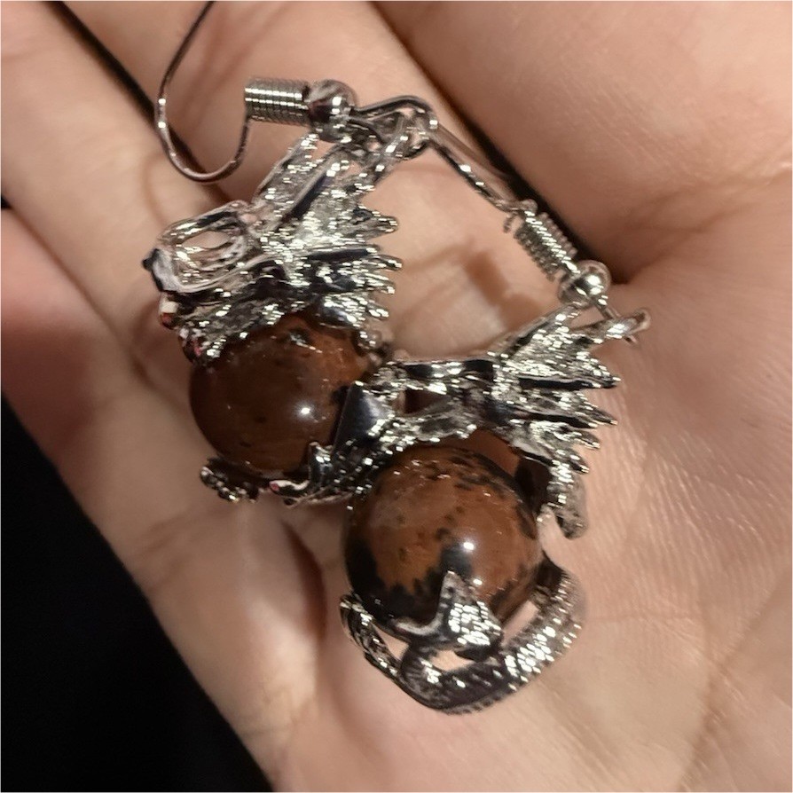 Silver Tone Dragon Charm Brown Bead Dangle Drop Hook Earrings Animals Insects