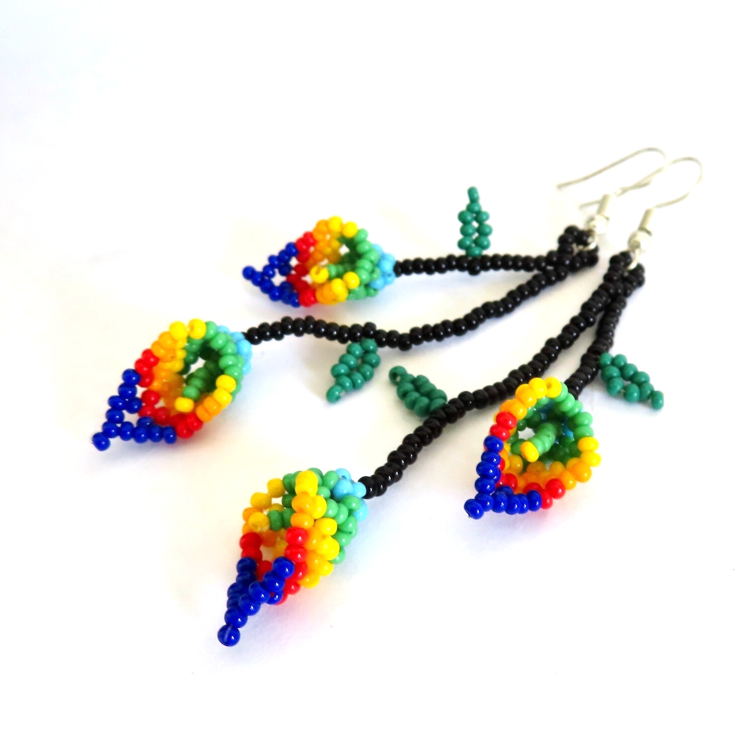 Tribal Earrings Blue Red Beaded Calla Lily Flower Huichol Ethnic Mexico Folk Art