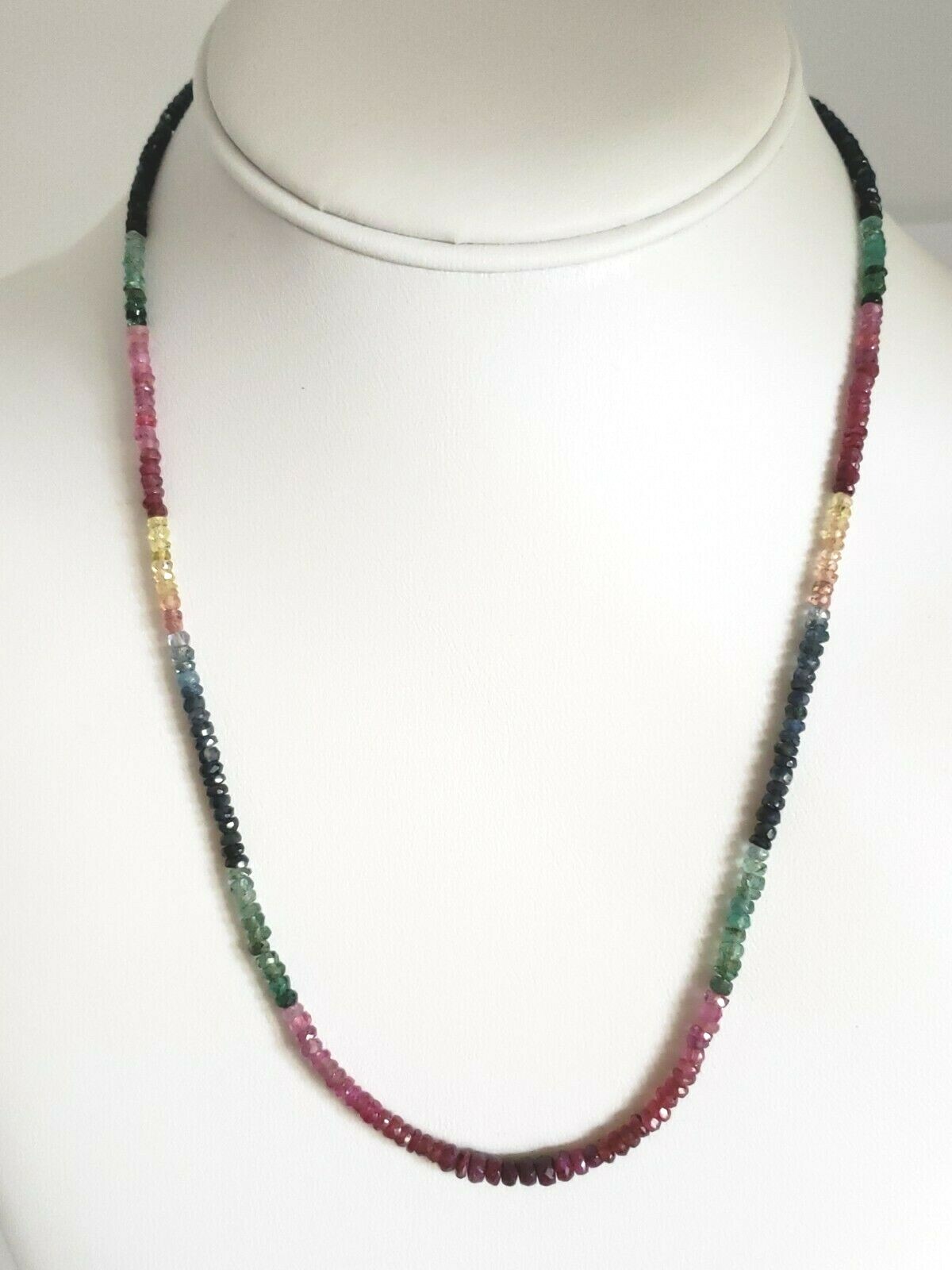 14k Yellow Gold Multi-Color Sapphire, Ruby, Emerald Beaded Necklace 18″