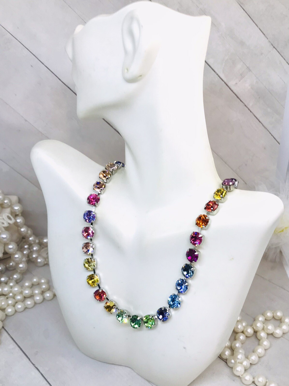 Silver Plated 33 Stone Colorful Rainbow Cup Chain Crystal Necklace