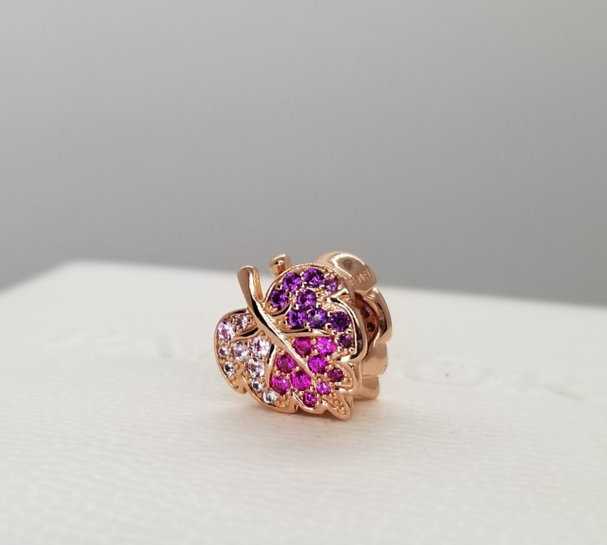 Authentic Pandora Rose Gold Pink Sparkling Pave Leaf Charm