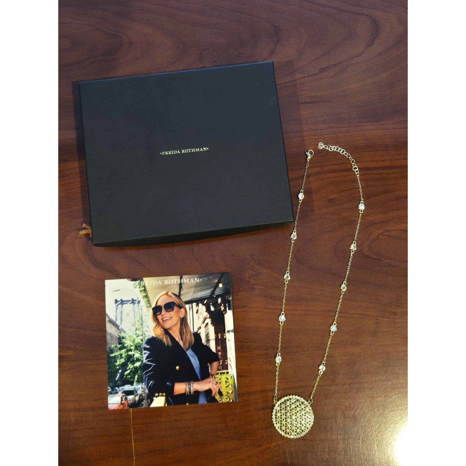 NIB Freida Rothman Vault Gold Plate Fixed Pendant Bezel Chain Adjustable 16-18″