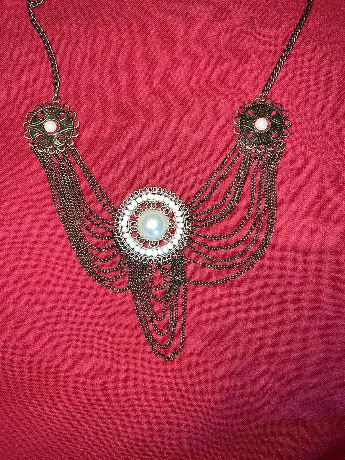 Silver Statement Bib Necklace With Round Pendant And Multi-Chain Metalwork