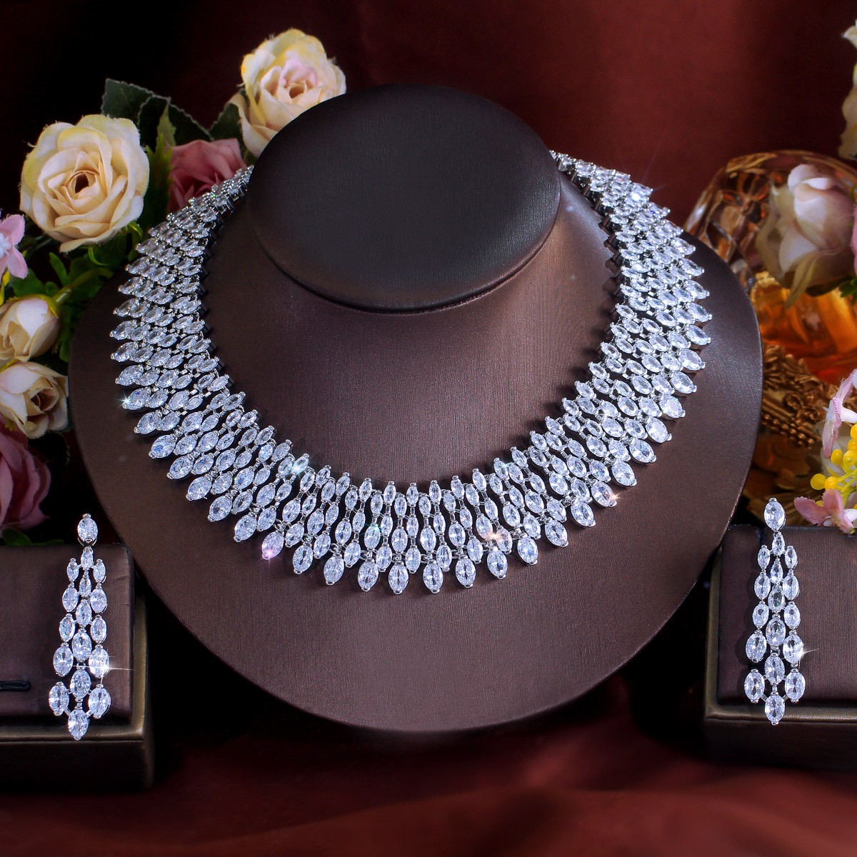 Dazzling Wedding Party Drop Necklace Earrings Silver Plated CZ White Jewelry Set