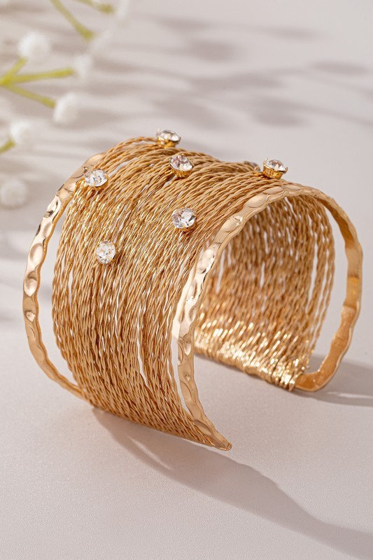 Hammered Gold Mesh Cuff Bracelet – Sparkly Rhinestone – Wide Statement Jewelry
