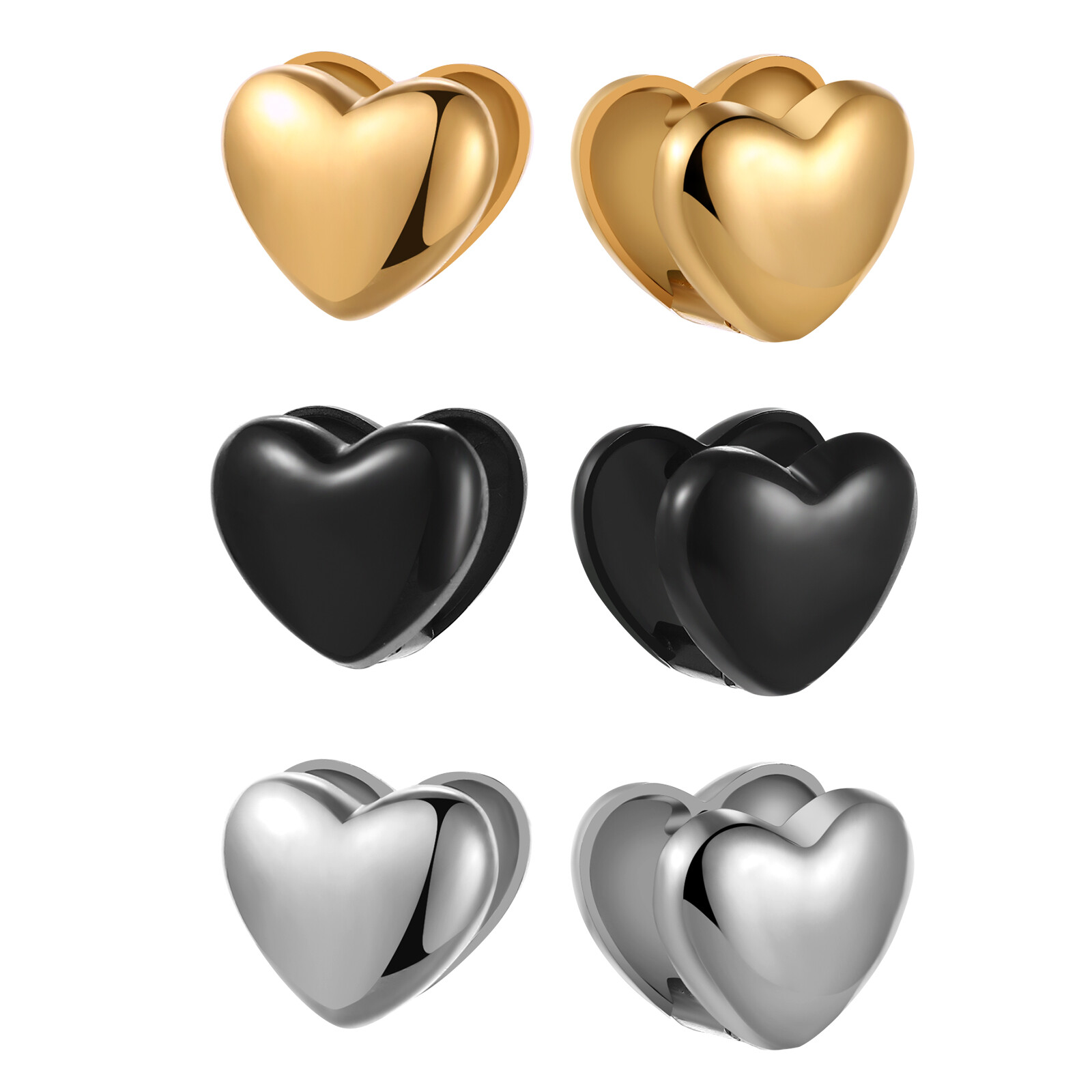 3 Pairs Women Ladies Heart Stainless Steel Stud Earrings Screw Back
