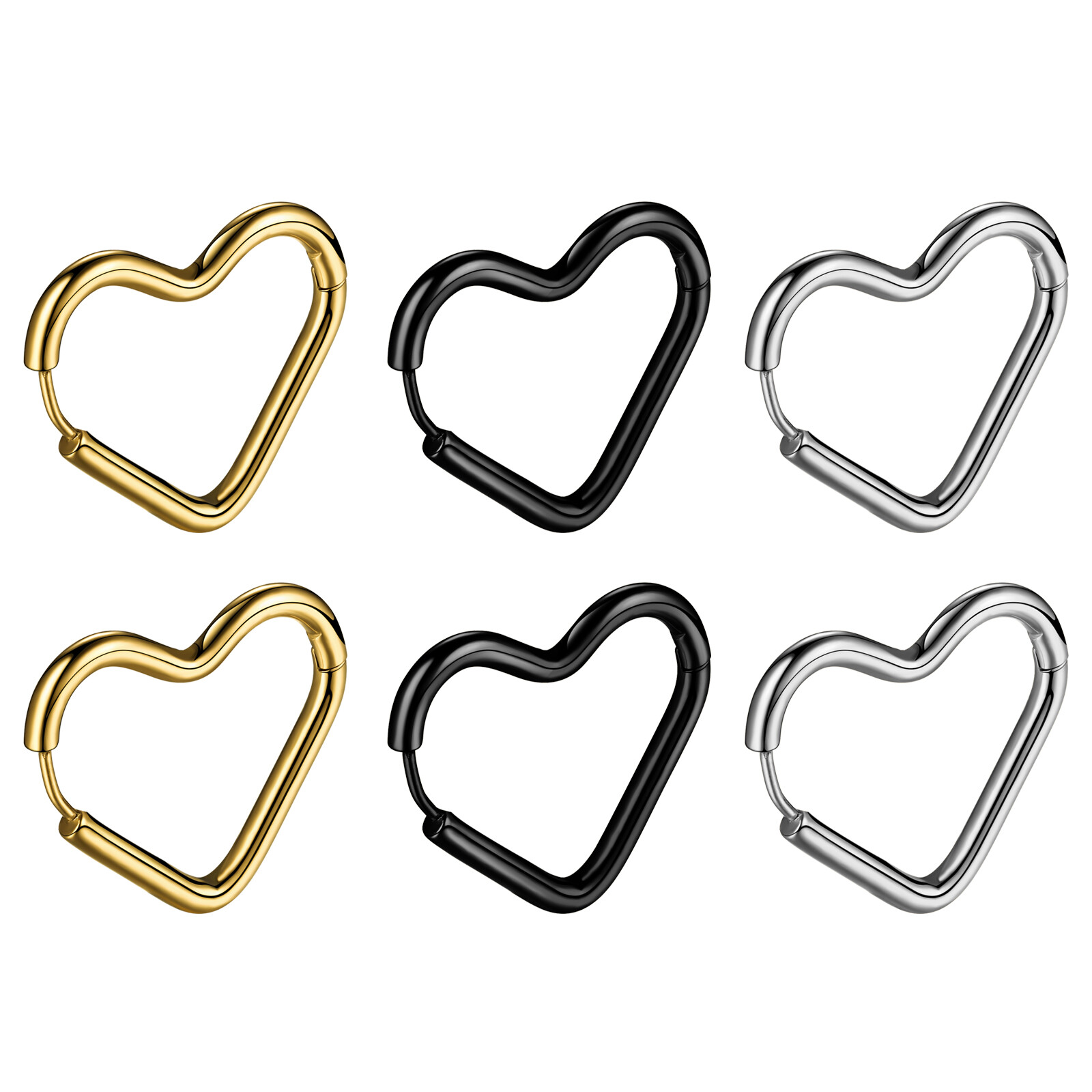 6pcs Women 316L Surgical Steel Heart Hoop Earrings Piercing Hypoallergenic Studs