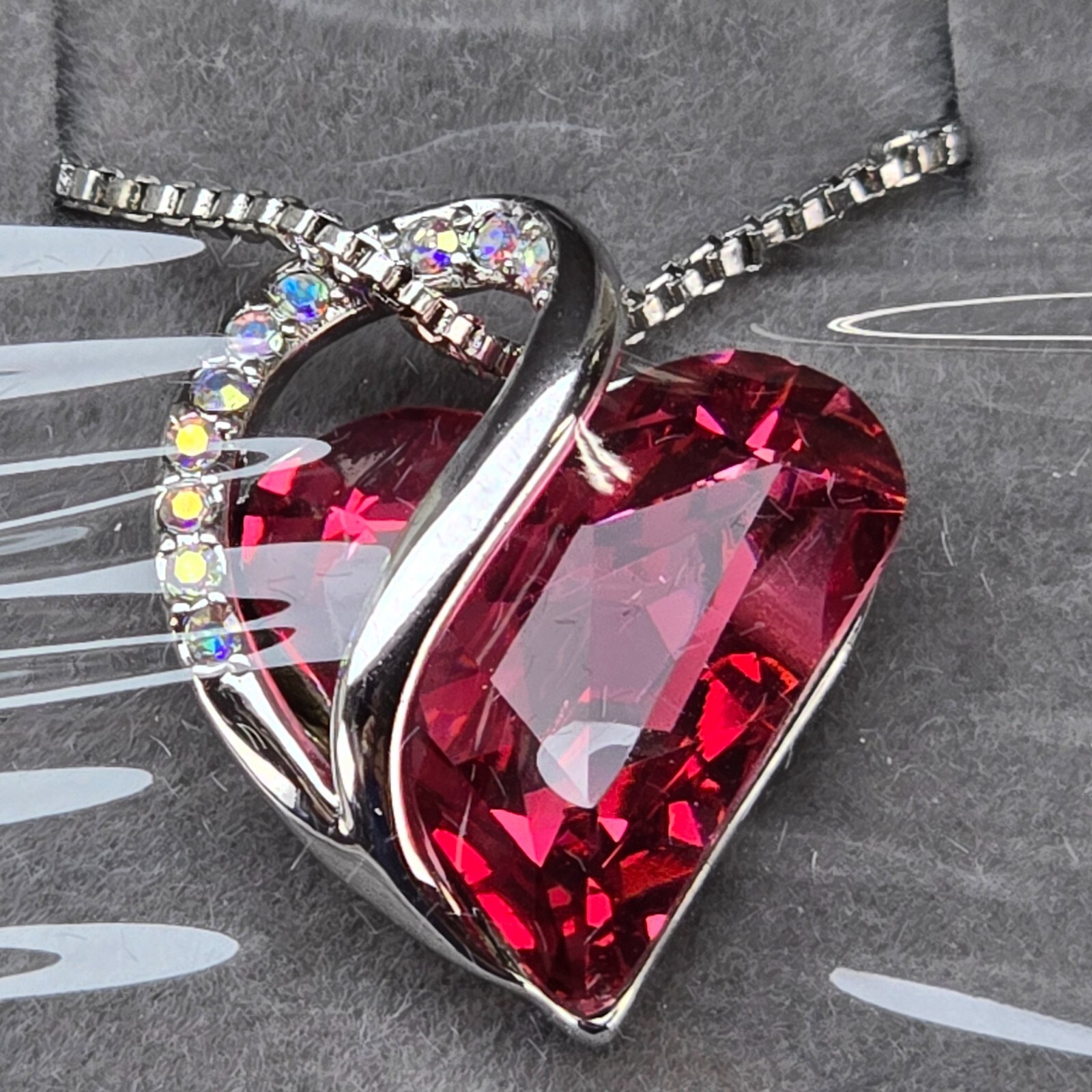 Heart Necklace Red Crystal Rhinestone Statement Silver Tone 18-20 In