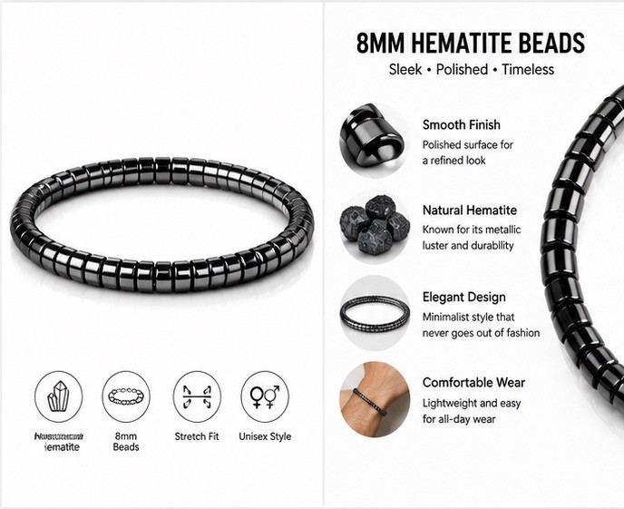 8mm Hematite Bead Bracelet Stretch Elastic Black Stone Unisex Men Women