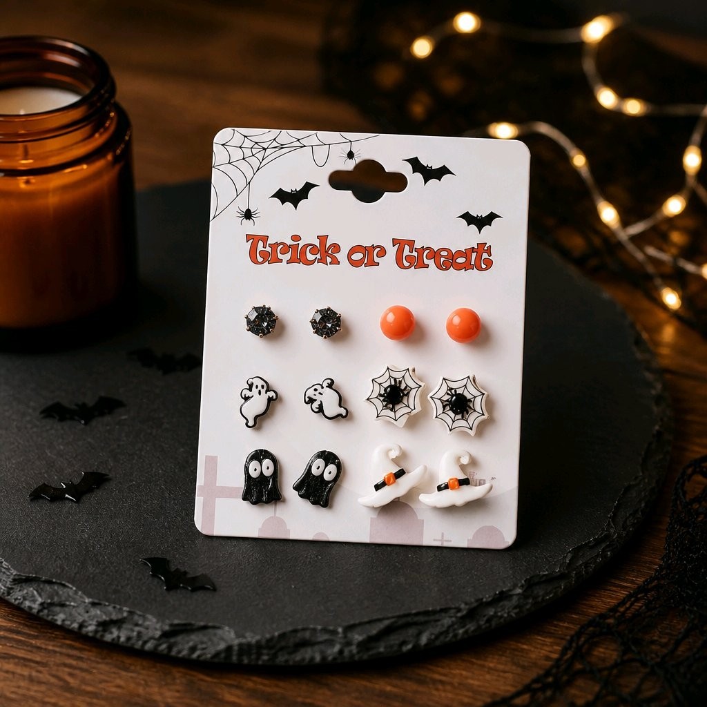 Halloween Stud Earring Set 6 Pairs Ghosts Spider Webs Witch Hats Spooky Cute NEW