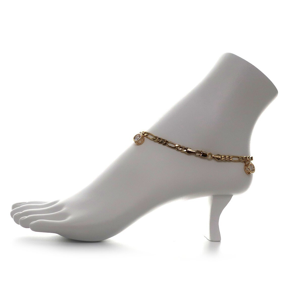 Italian Figaro Link Chain Anklet Cubic Zirconia Ankle Bracelet 14k Gold Plated