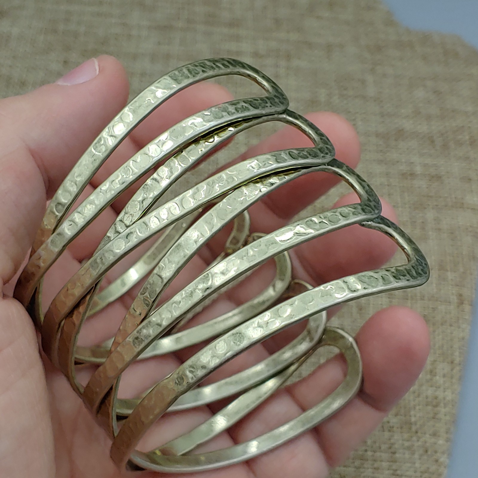 Cuff Hammered Bracelet Wide Gold Tone Metal Open “X” Cross Weave Statement 7″