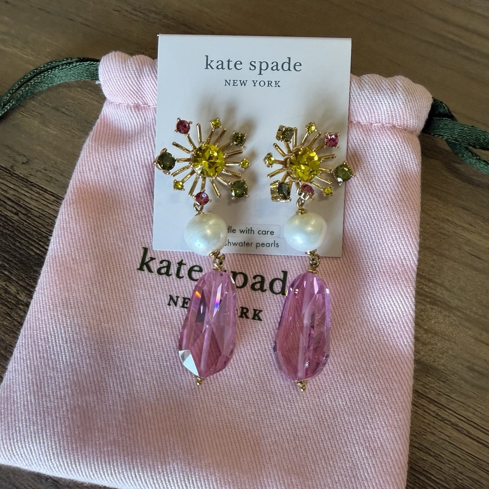 Kate Spade Rooftop Garden Earrings Freshwater Pearls Dust Bag $128 Dangly Cute