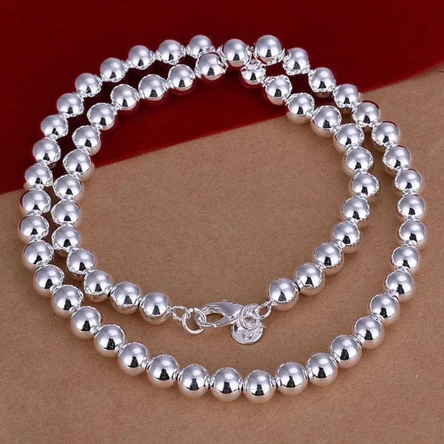 1Pcs Women’s 925 Sterling Silver 8mm Hollow Balls Beads 20″ Chain Necklace