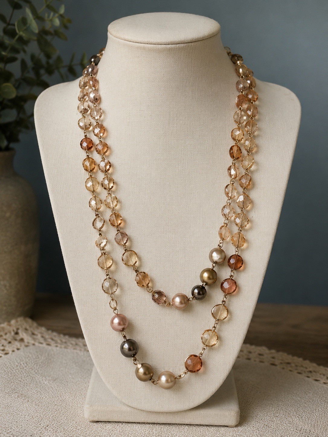 Premier Designs Gold Tone Station Necklace Faux Pearl Crystal Bead Necklace