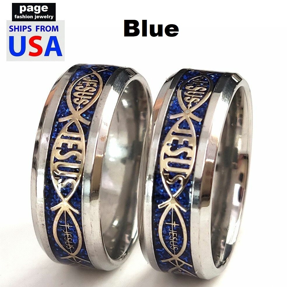 1pc Jesus Fish Christian Men/Women Stainless Steel 8mm Band Ring Size 7-11.5