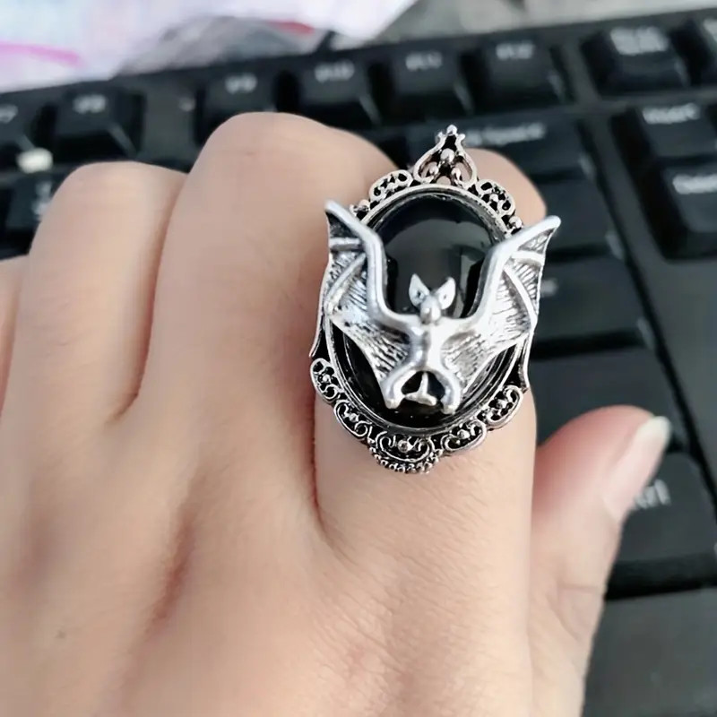 Bat Oval Black Open Ring Jewelry Gothic Silvery Animal Adjustable Resizable