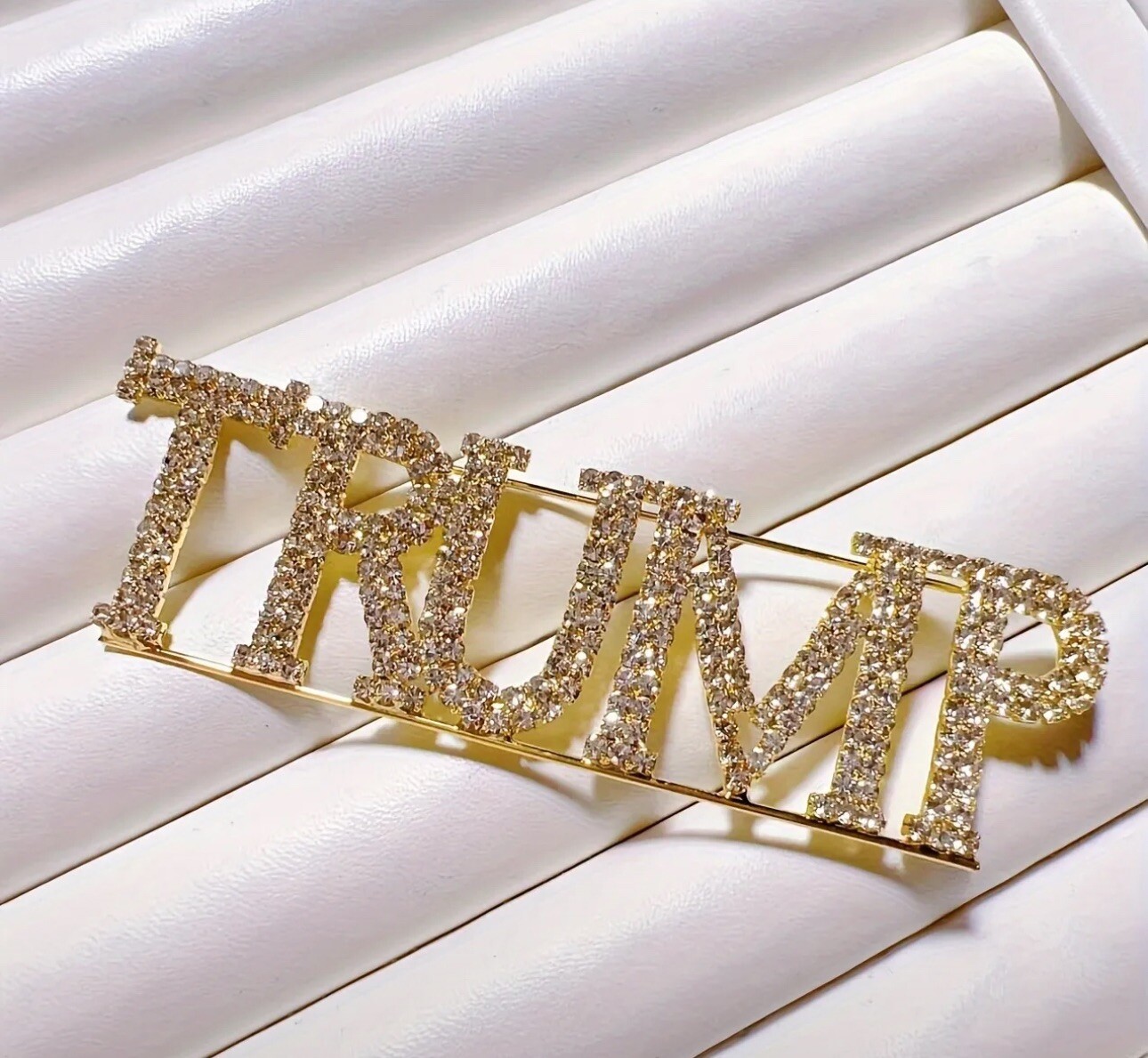 TRUMP MAGA Republican GOP Sparkly BLING Rhinestone Crystals Gold LARGE BroochPin